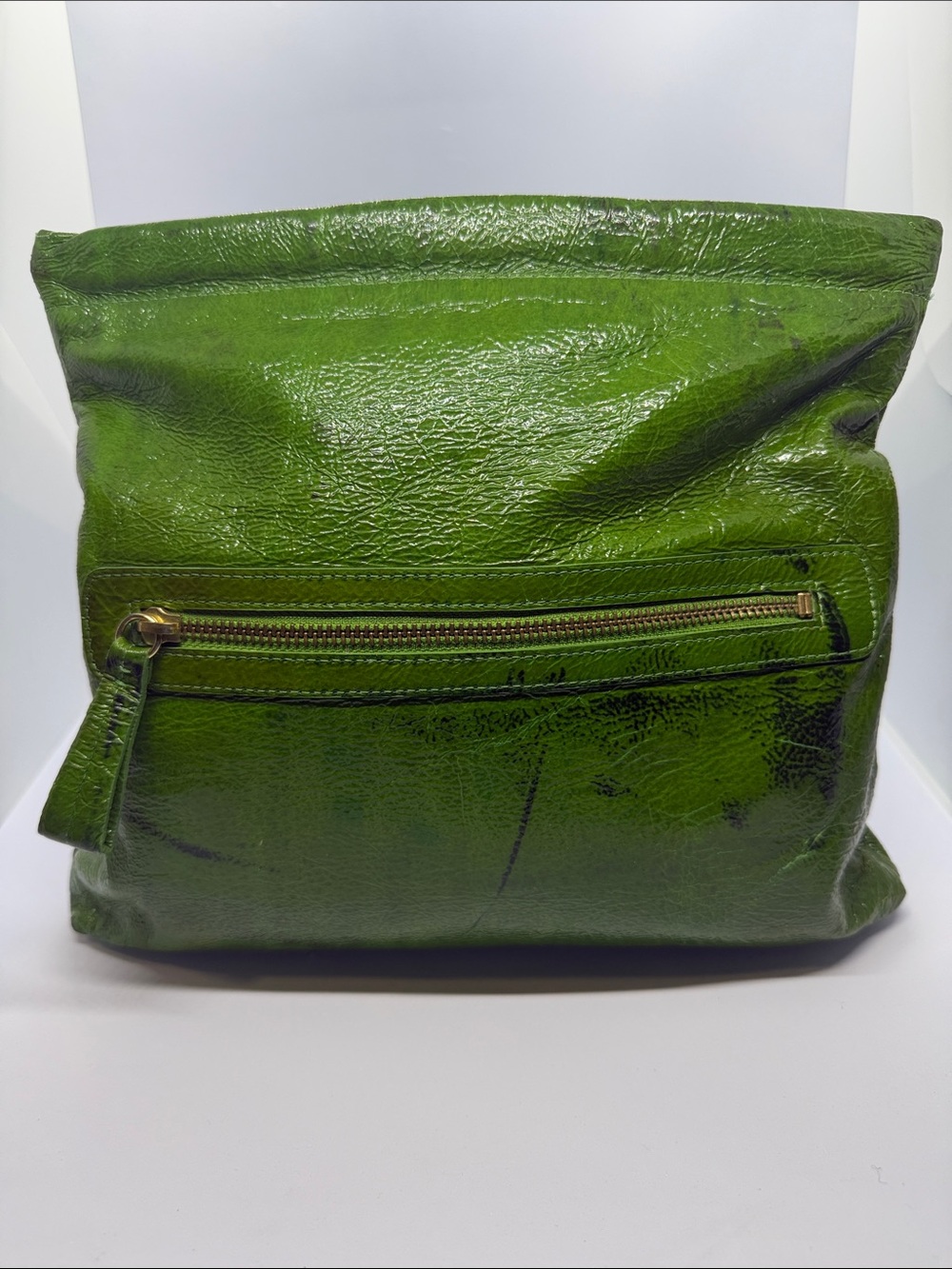 Green Leather Zip-Front Wristlet Clutch